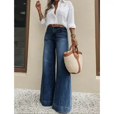 Kadın Kot Pantolon, Retro Yıkamalı, Bol Paça, Yüksek Bel Görünümlü Yeni Sezon