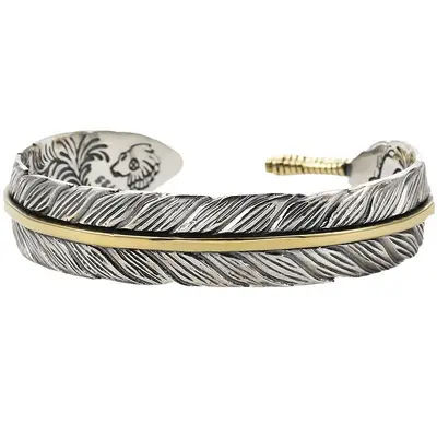 Tang pattern feather open cuff bracelet, men's stainless steel