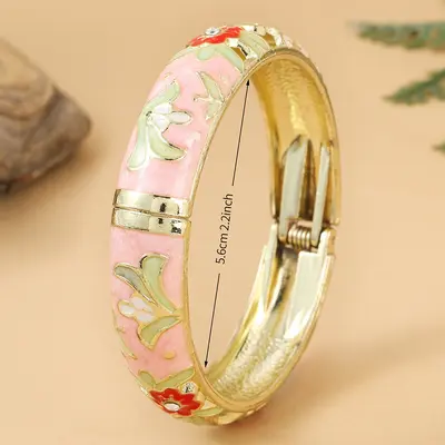 Cloisonné bilezik, çiçek desen, taşlı, geniş model