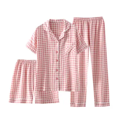 Double-Layer Pure Cotton Gauze Women's Short-Sleeve Pajama Set, 3-Piece