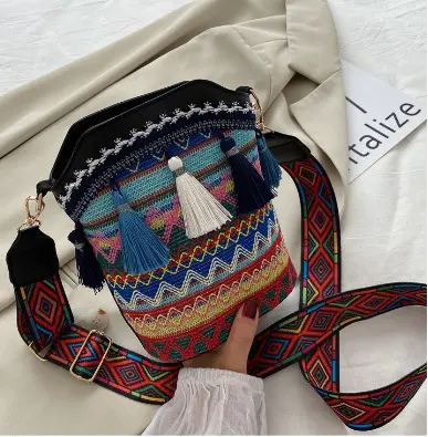 Ethnic Style Tassel Woven Bucket Bag, Women's Single Shoulder Bag - 11