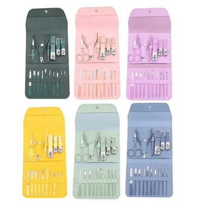 Nail scissors available in stock starting with single piece, green foldable package consisting of 16-piece nail scissors set, complete manicure set, manicure tool kit.