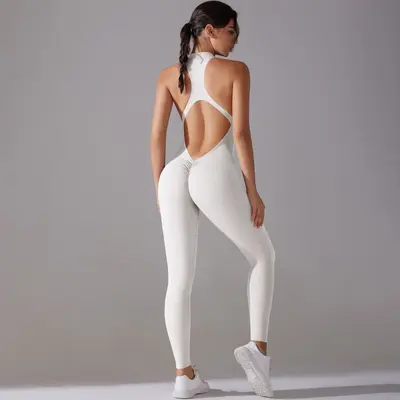 Solid Color High-Stretch Backless Long Yoga Jumpsuit for Women - 7