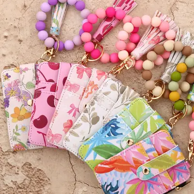 Floral PU Leather Women's Card Holder Wallet with Silicone Bead Bracelet