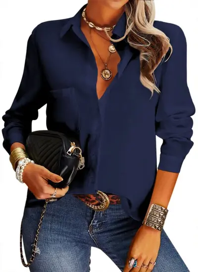Women's Solid Color Long Sleeve Button-Down Shirt with Lapel, Spring Summer Style - 9