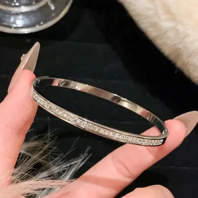 Titanyum çelik bilezik, solmayan, bebek nefesi gümüş bilezik, çok yönlü, üst düzey, modaya uygun, kızlar için tam elmas paslanmaz çelik bilezik - 11