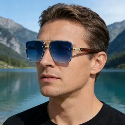 European and American Square Frame Cut-Edge Sunglasses for Men, Imitation Wood Grain Temples Men's Fashion Cross-Border Wholesale Sunglass