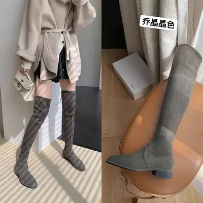 Damen-Reiterstiefel, gefüttert, Blockabsatz, elastisch, overknee