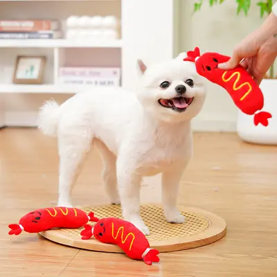 Sesli peluş köpek oyuncağı, nakışlı sosisli sandviç tasarımı, ısırmaya dayanıklı