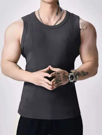 Men's Ribbed Fitness Tank Top, Breathable Solid Colour - 1