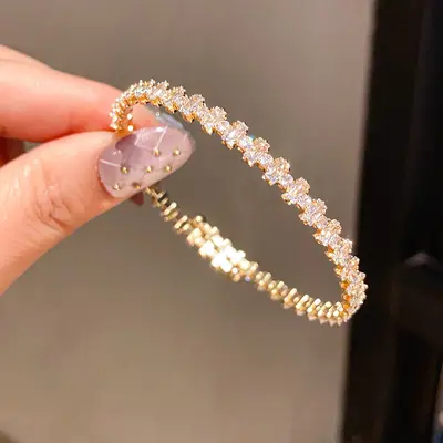 18K altın kaplama zirkon bilezik, manşon kapaklı - 7