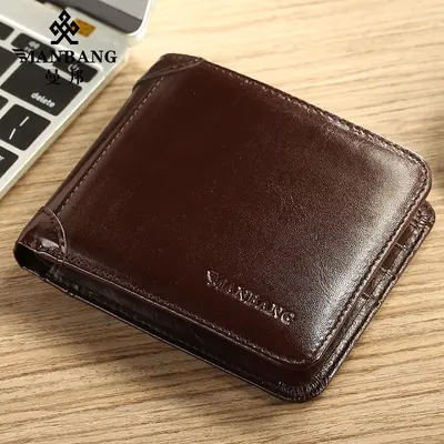 Manbang Men's Wallet, Full-Grain Cowhide, Tri-Fold, RFID Protected