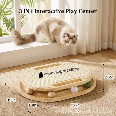 Wooden Cat Scratching Board with Ball Track Toy, Indoor Sisal Scratching Pad - 7