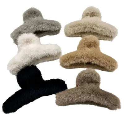 Oufei Le Korean Style Large Mink Fur Plush Hair Claw Clip Autumn Winter Back Head Rabbit Hair Shark Clip Hair Clip Hair Accessory Wholesale