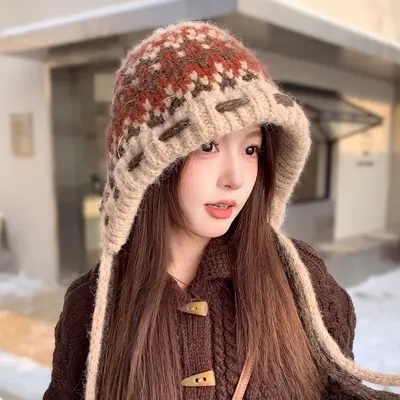 Women's Autumn Winter Jacquard Knit Beanie with Ear Protection, Heat-Retaining - 9