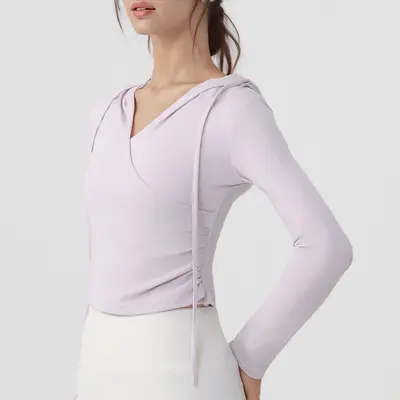 Sports Hooded T-Shirt with Wide V-Neck, Long-Sleeve Yoga Top