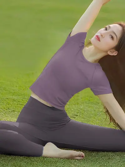 Kadın fitness üstü, kısa kollu, pilates antrenmanı, slim-fit, premium - 9