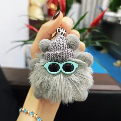 Cartoon Plush Glasses Coal Ball Car Keychain and Backpack Charm - 12