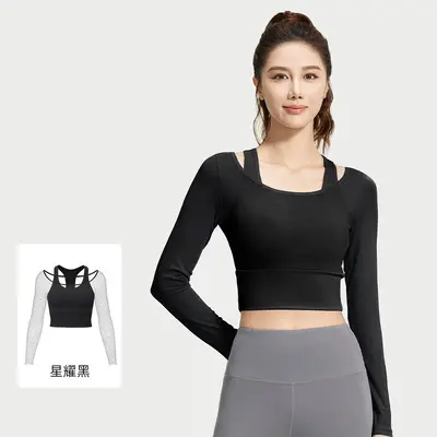 Women's Yoga Top, Fake Two-Piece, Chest Pads, Long Sleeve Mesh Pilates Wear - 7