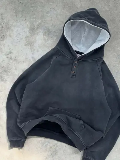 Erkek Düz Renk Düğmeli Kapüşonlu Sweatshirt, Retro Sokak Modası