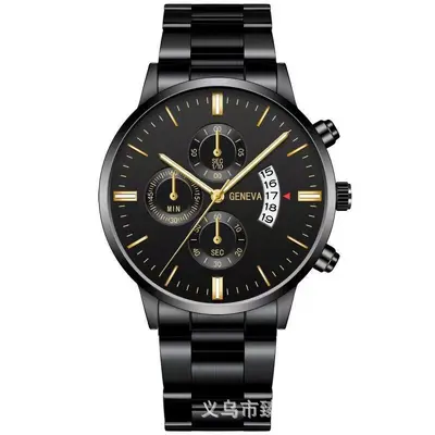 Men's watch set, black gold steel band with cross pendant - 6