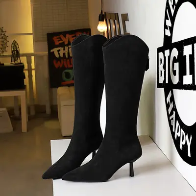 1895-8 Women's Long Boots, Thin High Heel, Pointed Toe, V-Neck Riding Boots