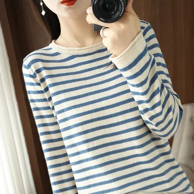Damen-Strickpullover, 100% Baumwolle, Kontraststreifen, Rundhals