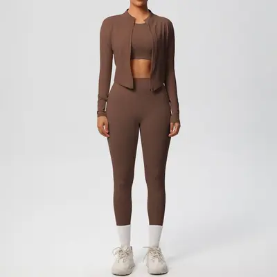 Solid Color Brushed Tight Fitness Jacket Three-Piece Set for Women - 7
