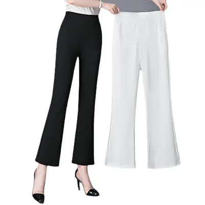 Damen-High-Waist-Hose mit weitem Bein, Weiß, elastisch