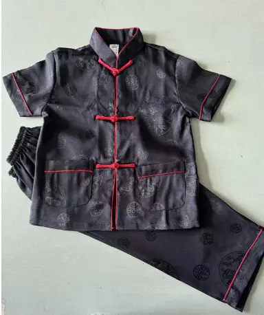 Red Men's Tang Suit, Short-Sleeve Summer Outfit