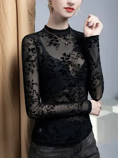 Sexy Damen-Spitzenbluse mit Stehkragen, transparenter Netzstoff, schmal geschnitten