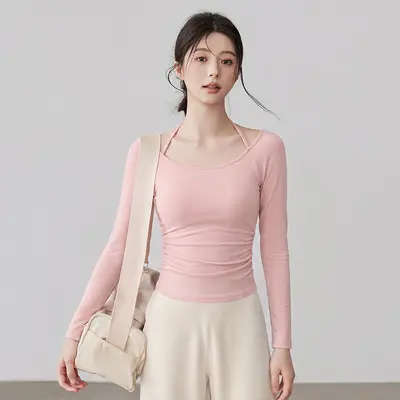 Damen-Neckholder-Yogaoberteil mit integrierten Cups, freie Schultern - 6
