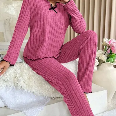 2025 New Style European and American Cross-Border Amazon Bestseller Black Edge Twisted Edge Casual Home Clothing Set Ribbed Pajamas