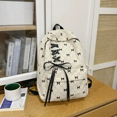 Corduroy Bow Backpack for Women and Students - 8