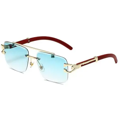 Frameless Square Sunglasses, Leopard Print, Wood-Grain Temples, UV Protection - 10