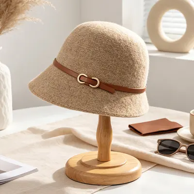 Korean-Style Wool Fisherman Hat, Metal Ring Leather Belt Buckle - 12