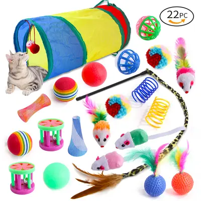 新品 宠物猫玩具 铃铛羽毛逗猫棒毛球老鼠弹簧猫隧道 22件套 - 7