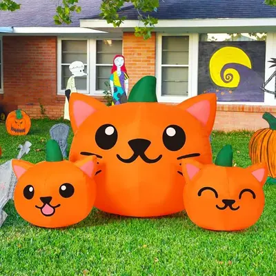 5 FT Halloween Aufblasbarer Katzenkopf-Kürbis mit LED-Beleuchtung