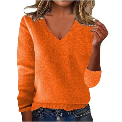 Damen-Pullover, einfarbig, V-Ausschnitt, lockere Passform, Herbst/Winter - 13
