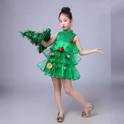 Mädchen-Weihnachtsbaum-Auftrittskostüm, grünes Hanfu - 3