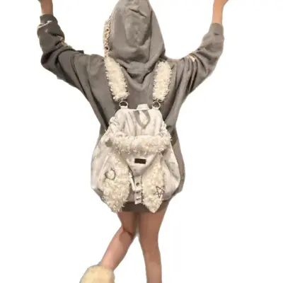 Women's backpack, large capacity, bunny ear hat design, plush, lightweight - 6
