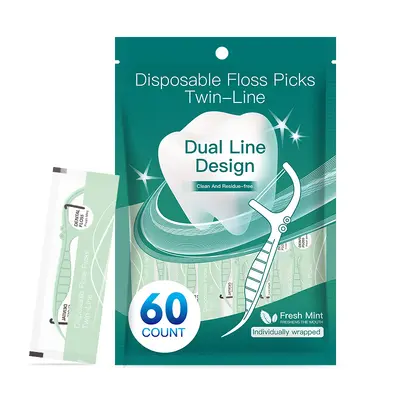 Mint-flavored dental floss picks, 60 pieces, dual-thread, individually packed