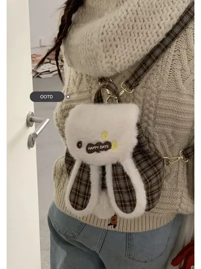Women's Winter Woolen Plaid Mini Backpack with Cute Rabbit Plush - 6
