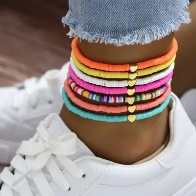 Europe and America Cross-Border Fashion Versatile Mixed-Color Peach Heart Soft Clay Elastic Anklet Simple Multi-Layer Stackable Shoe and Boot Accessories for Men and Women