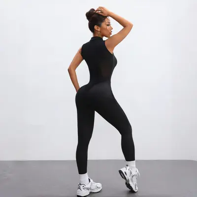 Open Back Sexy Women's Yoga Jumpsuit with Mesh Details, Butt-Lifting Long Pants - 3