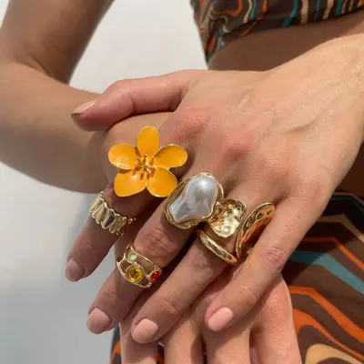 European and American cross-border design liquid lava flower open ring ins baroque imitation pearl inlay gemstone ring - 9