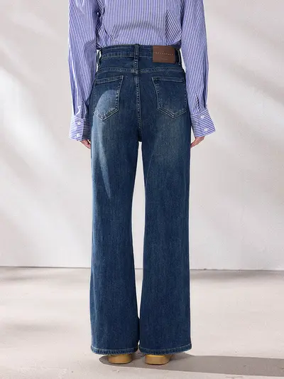 Retro Mavi Esnek Kot Pantolon Kadın, Hafif Çan Paça, Dar Olmayan Kesim