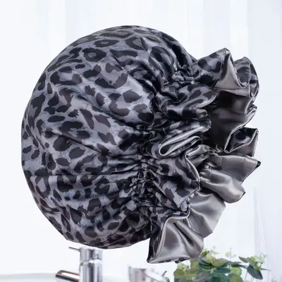 Satin-Schlafmütze mit Rüschen, Haarschutz, Leopardenmuster - 13