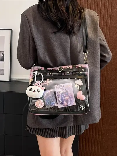 Kadınlar için Japon tarzı büyük kapasiteli ekose öğrenci JK üniforma çantası, iki boyutlu tek omuzlu çapraz çanta, büyük kapasiteli tote çanta.