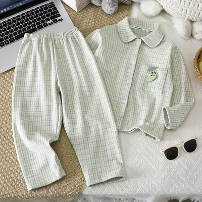 Children's Plaid Pajama Set Long Sleeve Two-Piece Loose Fit